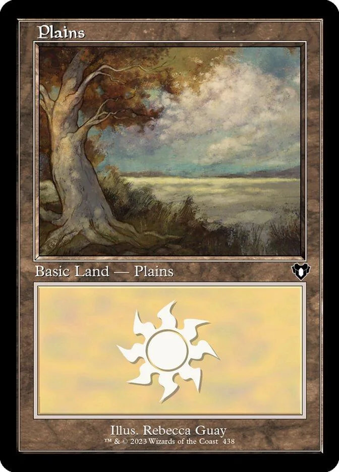 Card art depicts a large tree in a misty, open landscape. Plains land type.