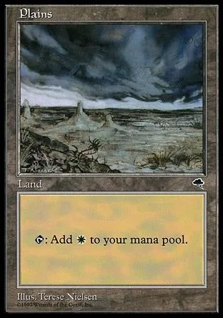 Plains land card art showing dark, cloudy sky over desolate landscape.