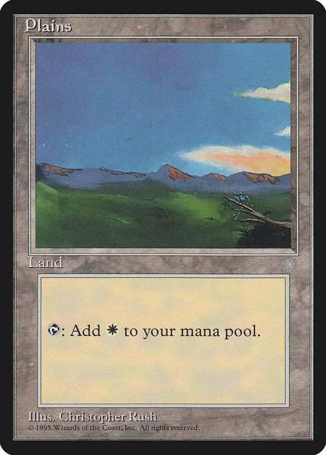 Magic: The Gathering Plains land card, blue sky, green hills, gray border.