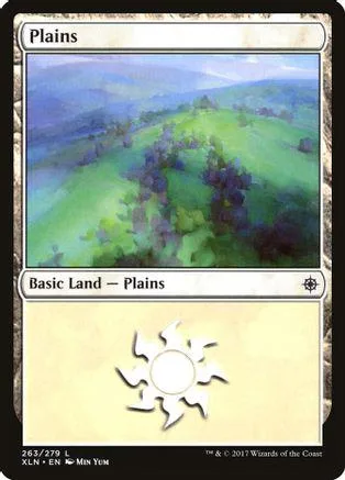 Green and blue landscape art on a Plains basic land Magic: The Gathering card.