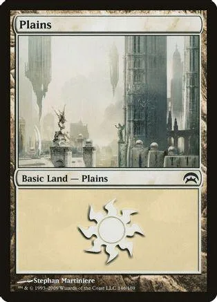 White and gray cityscape art on a Plains basic land card.
