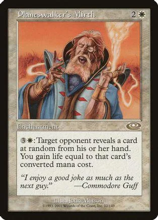 Bearded man with glowing energy on a Planeswalker's Mirth Magic card.