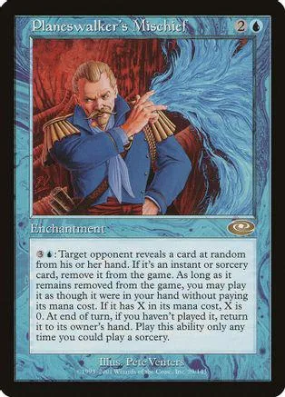 Man with mustache in blue coat, Planeswalker's Mischief card art.