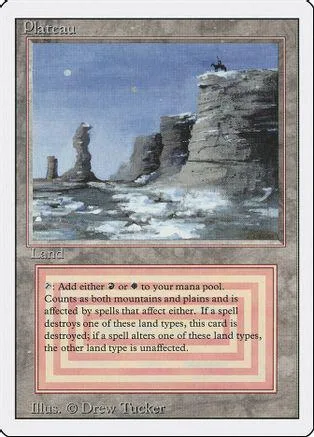 Blue and gray landscape card depicting rocky plateau under a pale sky.