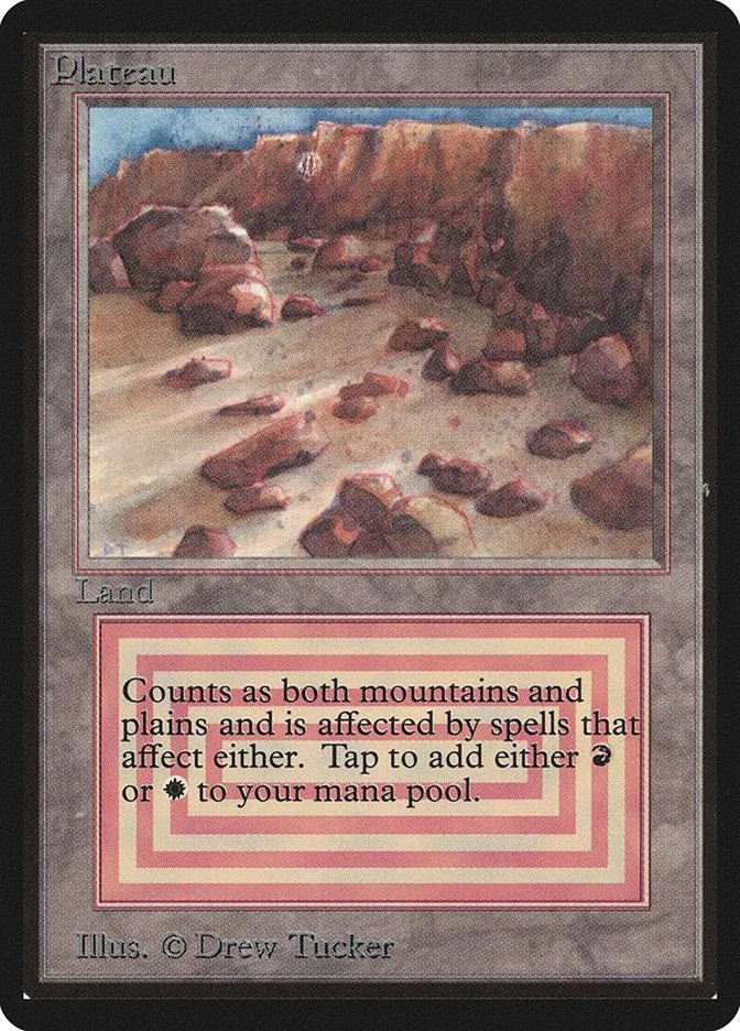 Plains land card art showing rocky, arid landscape under a blue sky.