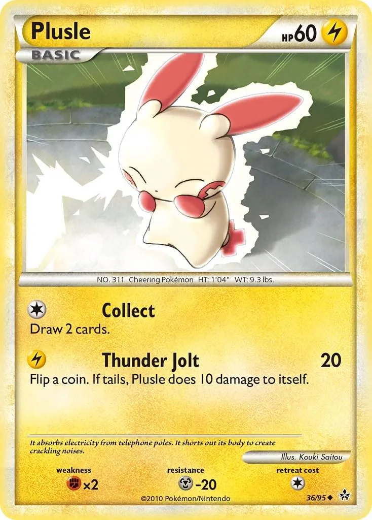 Plusle Pokémon card, white and red, showing the creature with attack details.