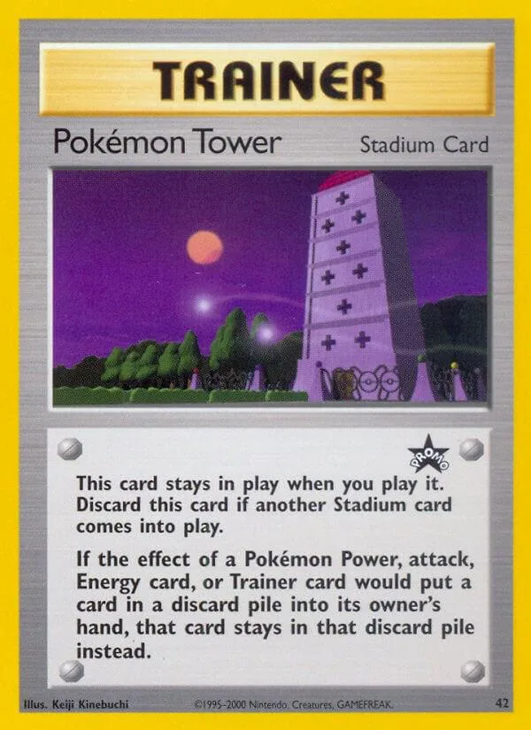 Pokémon Tower Stadium Card. Purple night scene with a tall, white tower.