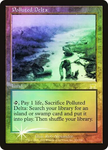 Magic: The Gathering "Polluted Delta" land card, purple and green artwork.