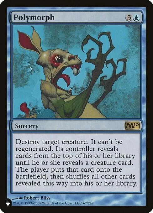 Green, red, and brown creature on a blue background, Polymorph Magic: The Gathering card.