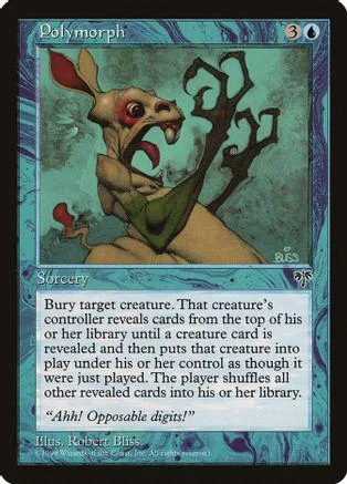 Red-eyed rabbit creature on blue card art, showing spell text.