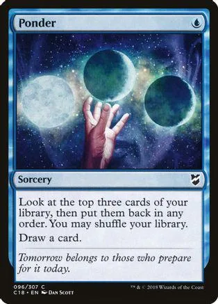 Blue and purple fantasy art card featuring a hand reaching toward three glowing orbs.