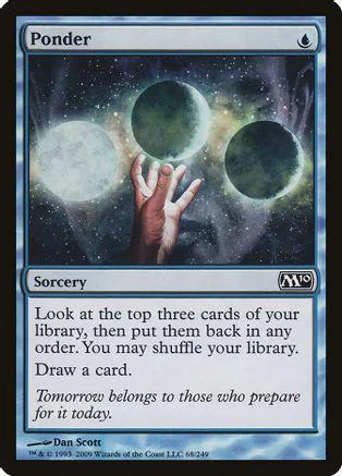 Magic: The Gathering card, Ponder, featuring three glowing orbs against a starry background.