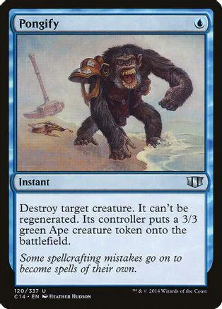 Dark ape creature on a blue and brown landscape. Instant spell card.
