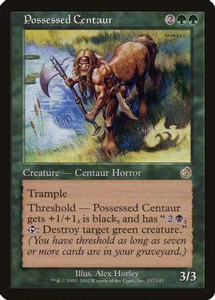 Centaur creature card art: hairy centaur with axe in green field.