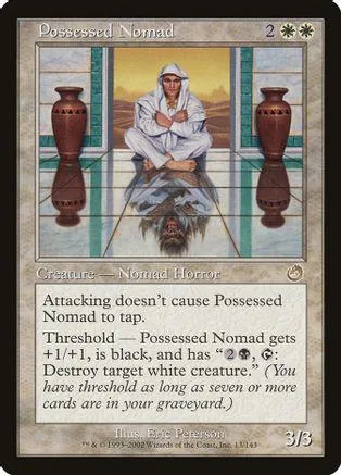 Card art: hooded figure seated on a platform, brown urns on either side.