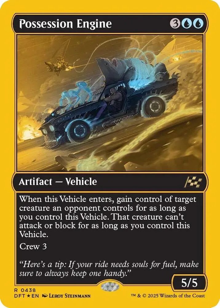 Dark vehicle with blue energy on brown terrain. Magic: The Gathering card.