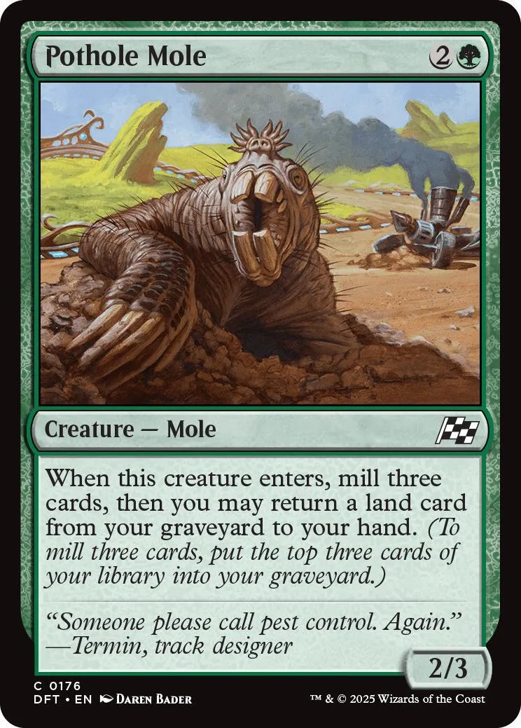 Mole creature card art, brown mole emerging from dirt, green card frame.