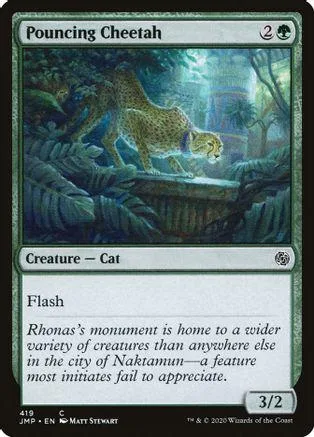 Leopard creature card art, green and blue tones, showing animal in jungle setting.