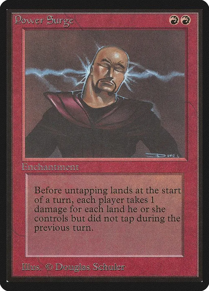Card art depicts a bald man with lightning striking around him. Power Surge enchantment.