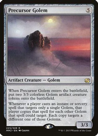 Card art shows dark, misty landscape with glowing sun. Text reads "Precursor Golem.