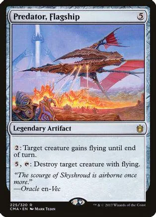 Flying, winged creature over fiery landscape on a collectible card.