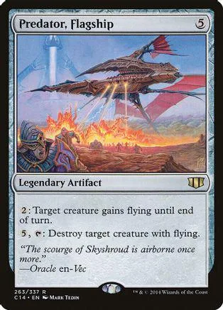 Dark, fiery landscape with a winged creature; Predator, Flagship Magic card.