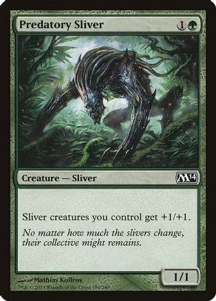 Dark, shadowy creature on a green, mossy landscape card. Predatory Sliver.