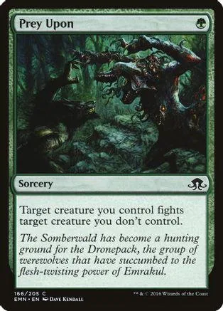 Dark forest scene on a black and green Magic: The Gathering card.