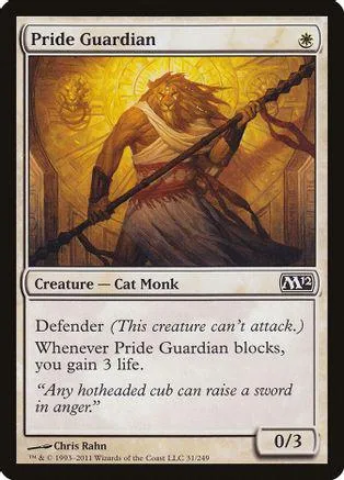 Card art of a warrior with a staff, brown and gold tones. Pride Guardian creature card.