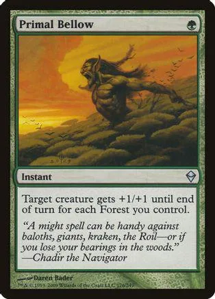 Green beast creature on a grassy hill at sunset. Card art for Primal Bellow.