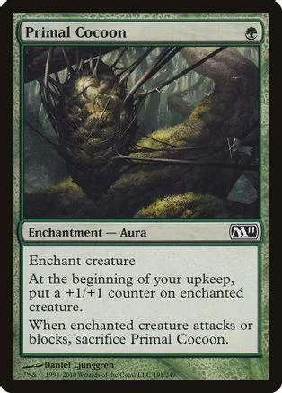 Dark, mossy forest scene on a Magic: The Gathering card. Enchantment Aura.