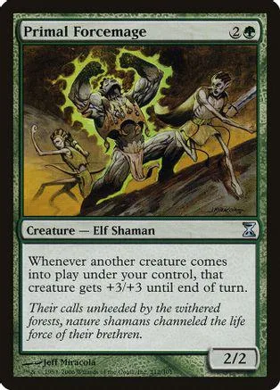Elf shaman creature card art, dark fantasy scene, green and brown tones.