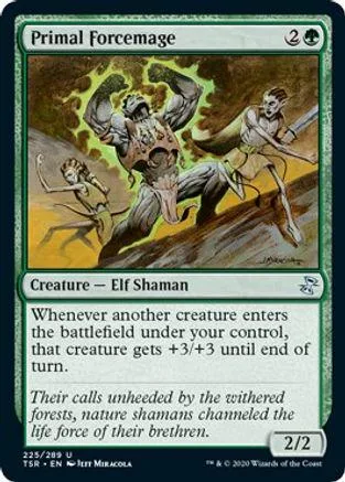 Elf shaman creature card art showing figures in a wild, earthy scene.