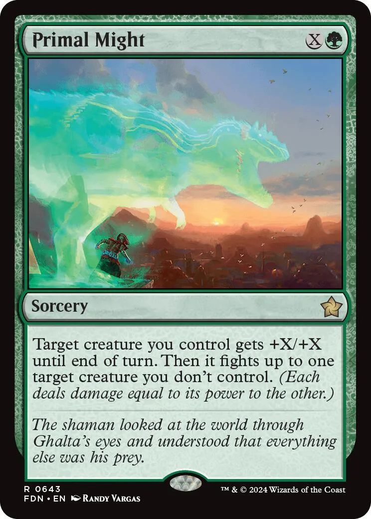 Green and blue dragon flies over sunset landscape on a Magic: The Gathering card.