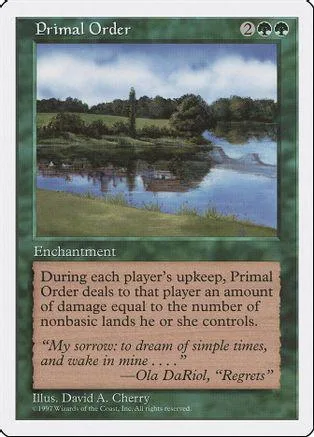 Green landscape scene on a Magic: The Gathering card, "Primal Order.