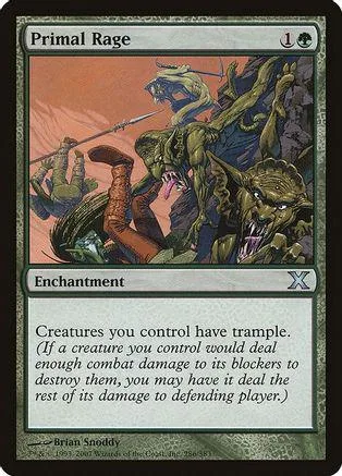 Green monster art card, "Primal Rage," with enchantment text box.