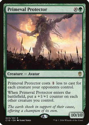 Large, shadowy figure in a desolate landscape on a green Magic: The Gathering card.