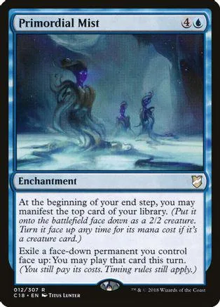 Blue and purple mystical creature on a dark, misty landscape card.