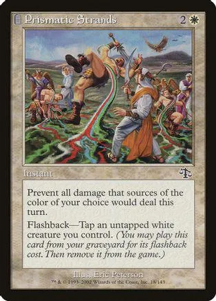 Fantasy scene on a Magic: The Gathering card, featuring colorful figures and swirling energy.