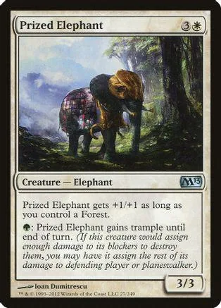 Elephant creature card art, brown and gray elephant in a forest setting.