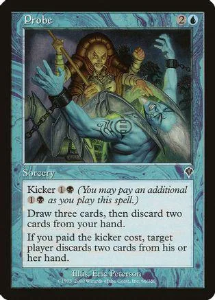 Green and brown sorcerer with glowing eyes on a blue, marbled background.