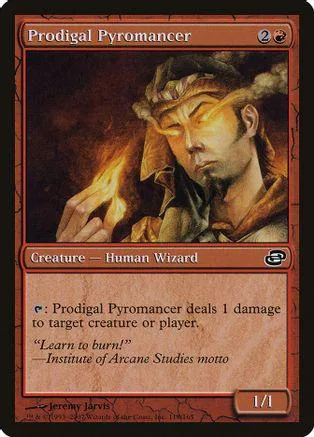 Wizard with fiery effects on a Magic: The Gathering card.