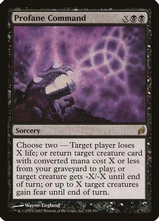 Dark dragon creature on purple background. Profane Command sorcery card.