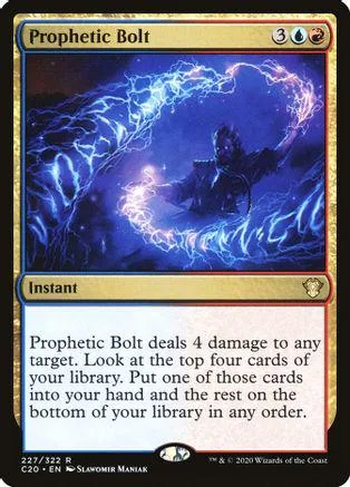 Blue and white Magic: The Gathering card, Prophetic Bolt, showing lightning and a dark figure.