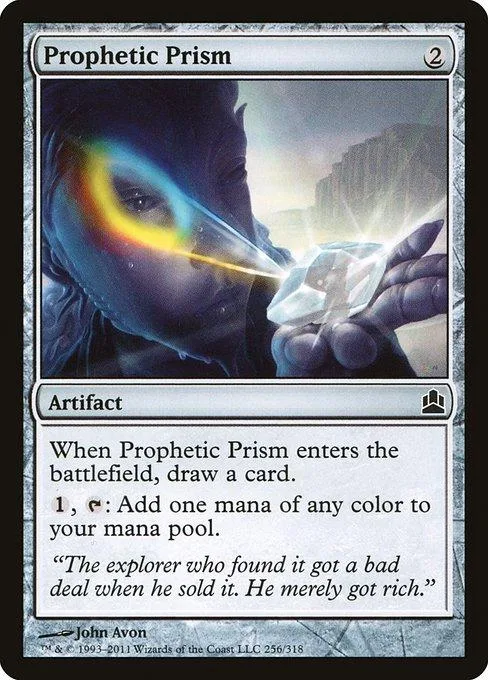 Card art shows dark figure channeling colorful light into a glowing crystal.