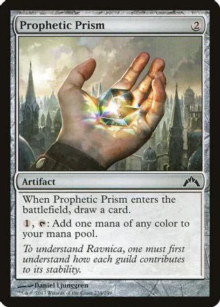 Hand holding glowing prism artifact card with fantasy cityscape background.
