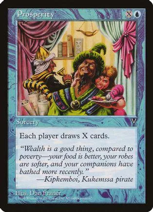 Card art: group of people in colorful robes under a hanging basket.