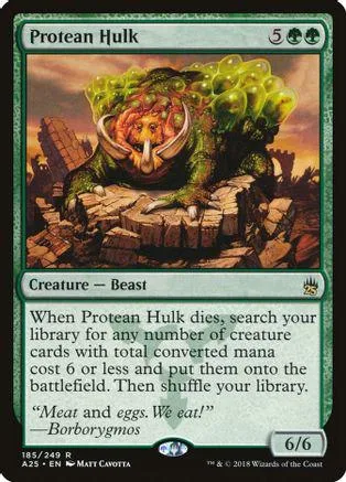 Green, monstrous Hulk creature card on a dark, rocky terrain background.