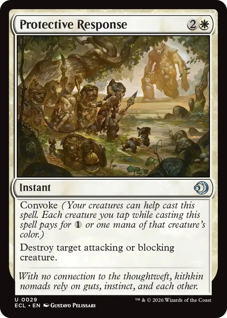 Magic: The Gathering card, Protective Response, fantasy scene, black and green tones.