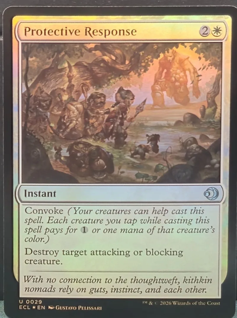 Magic: The Gathering card, Protective Response, fantasy scene, gold and brown tones.